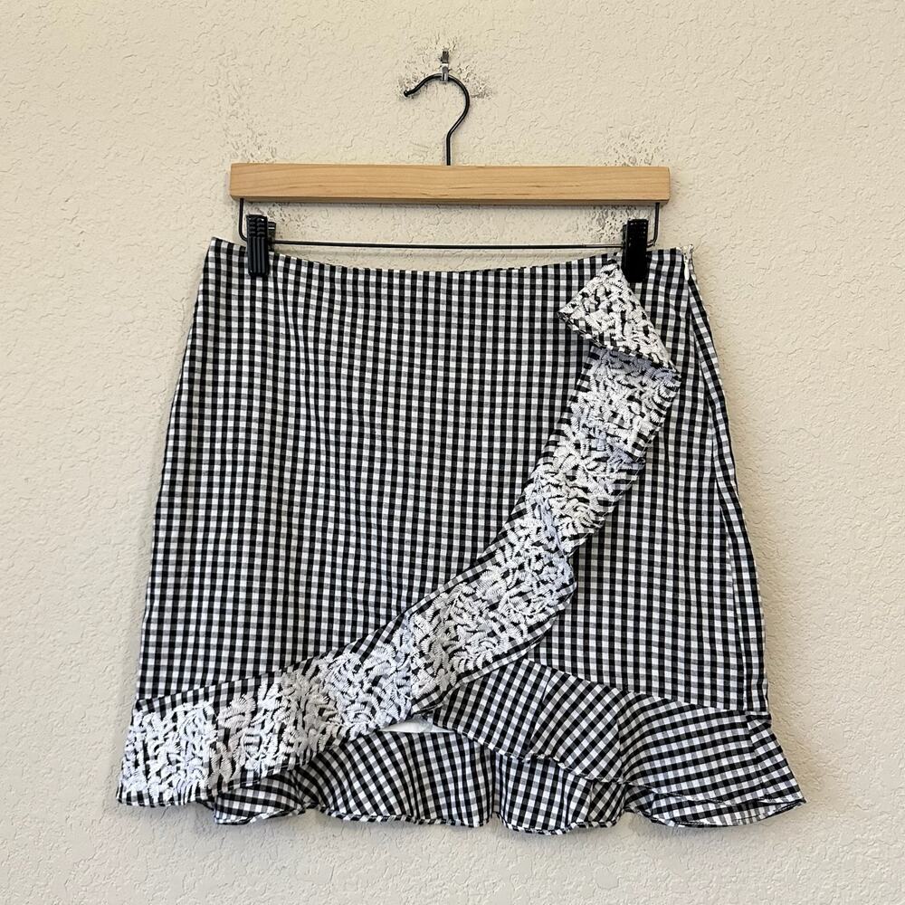 J.MARIE Mini Skirt Black White Gingham Lined Ruffled Faux Wrap Cotton - Picture 1 of 9